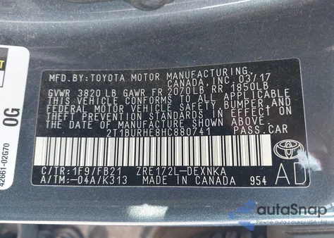 2017 Toyota Corolla Le from USA, damaged, VIN 2T1BURHE8HC880741